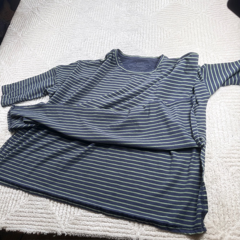 Mersea Striped Top Women's OS Navy Green Oversized Coastal Boxy Tee Nautical - Picture 5 of 9